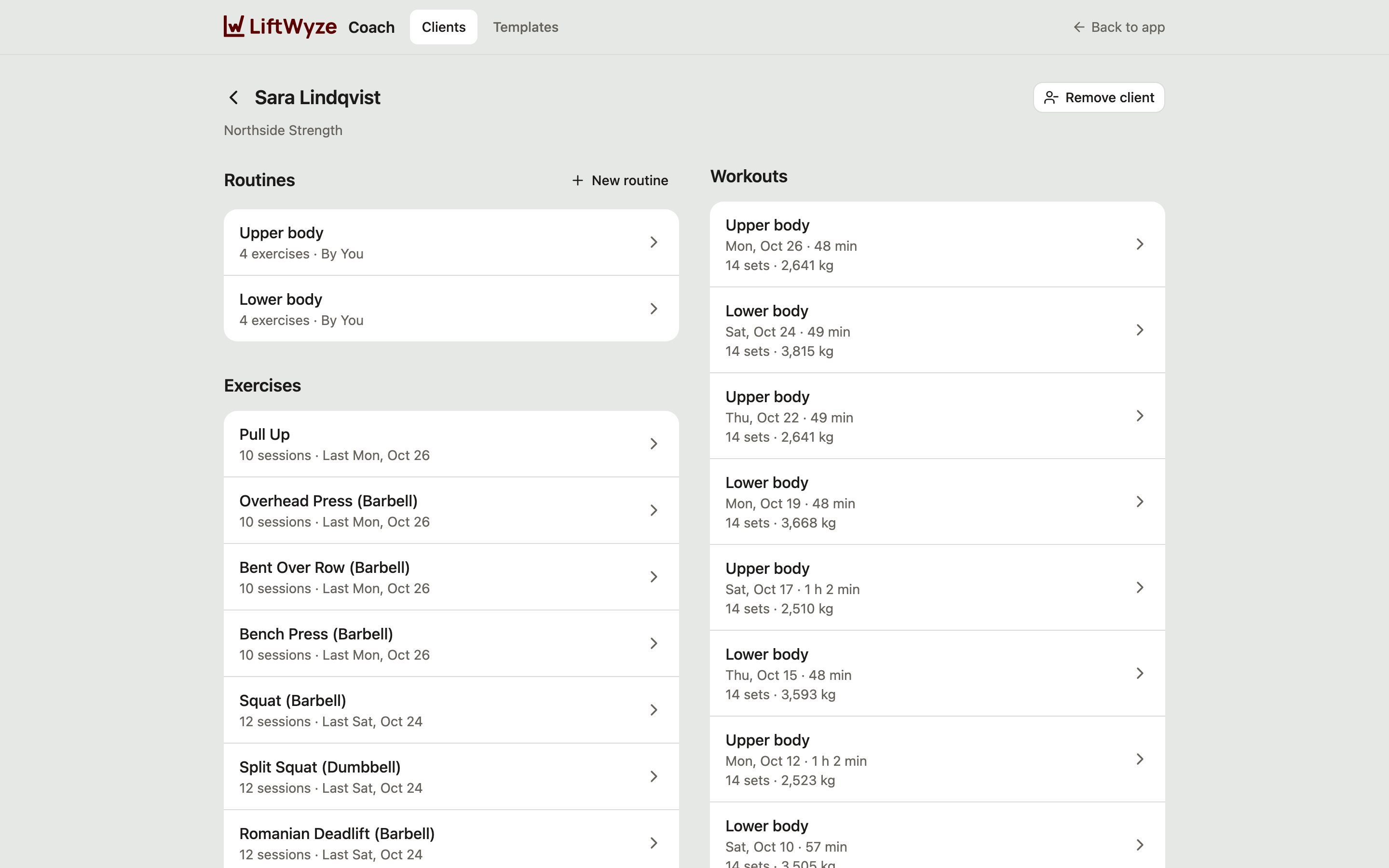 The coach portal's page for a client: her routines, the exercises she trains with their sessions, and her recent workouts.